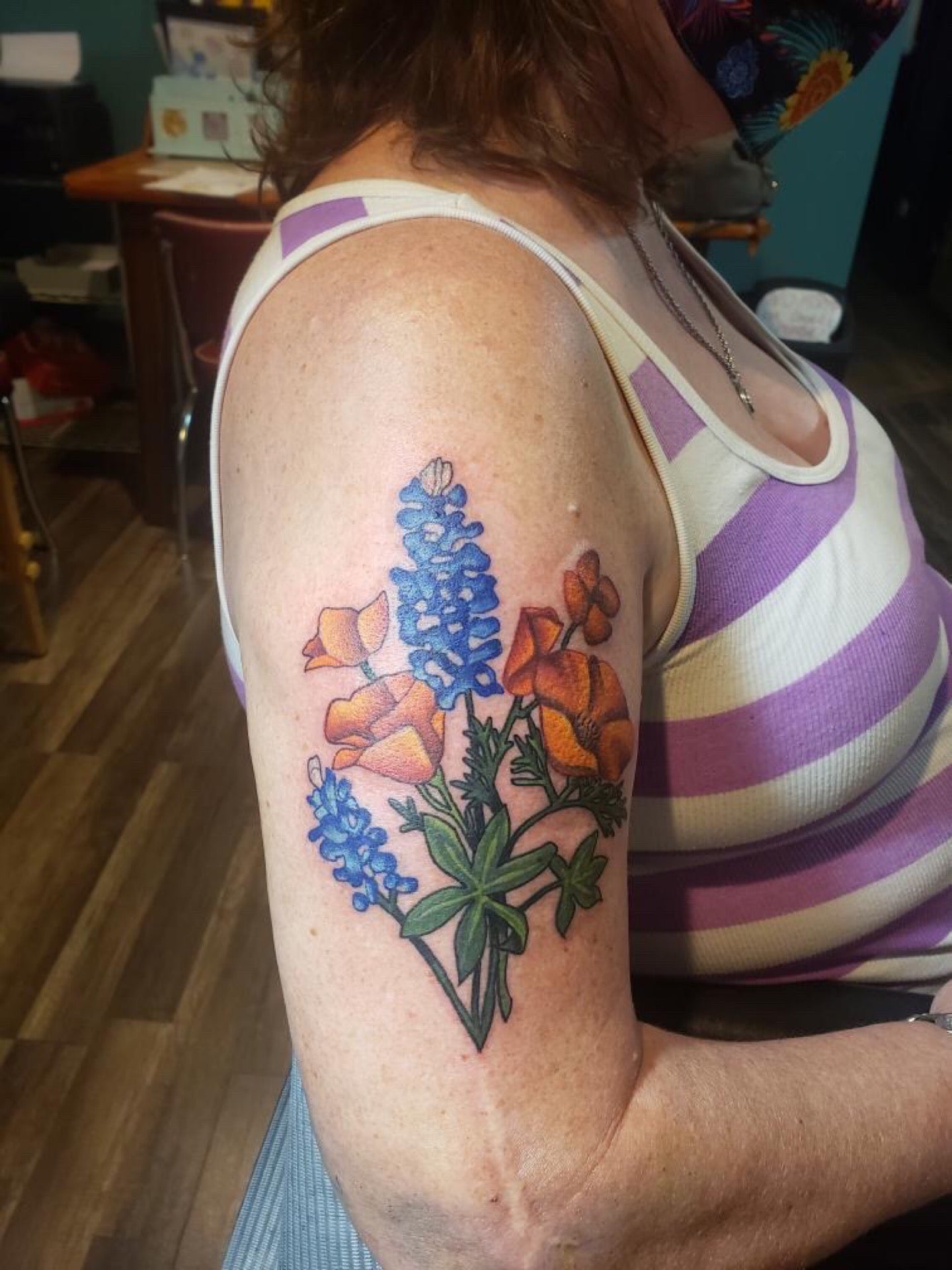 Tattoo tagged with: flower, white, black, big, violet, watercolor, blue,  thigh, pink, bluebonnet, nature, ivanabelakova, tatuaje, tatuajes, green,  leg | inked-app.com