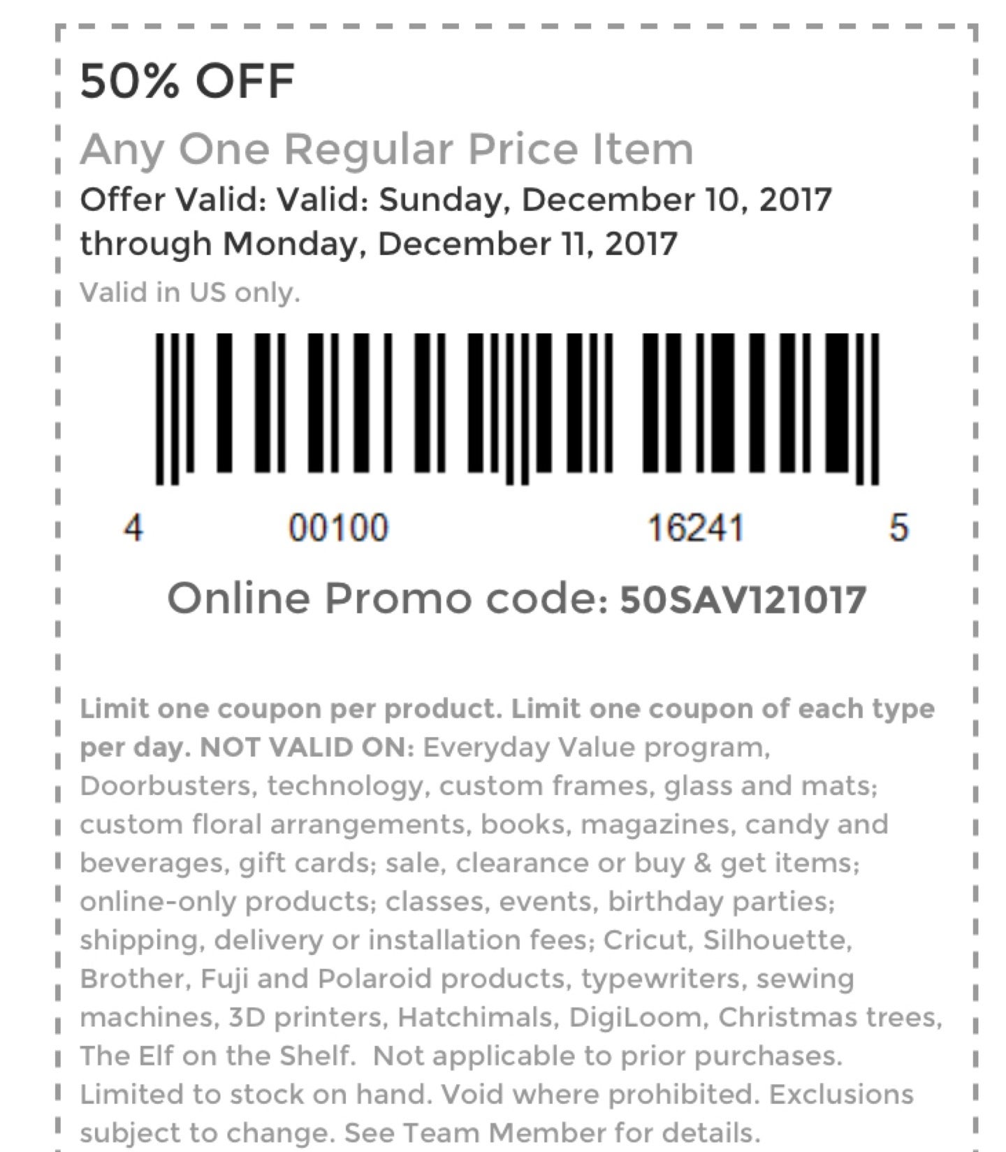 Michaels  50% Off One Regular Priced Item Fri & Sat Only