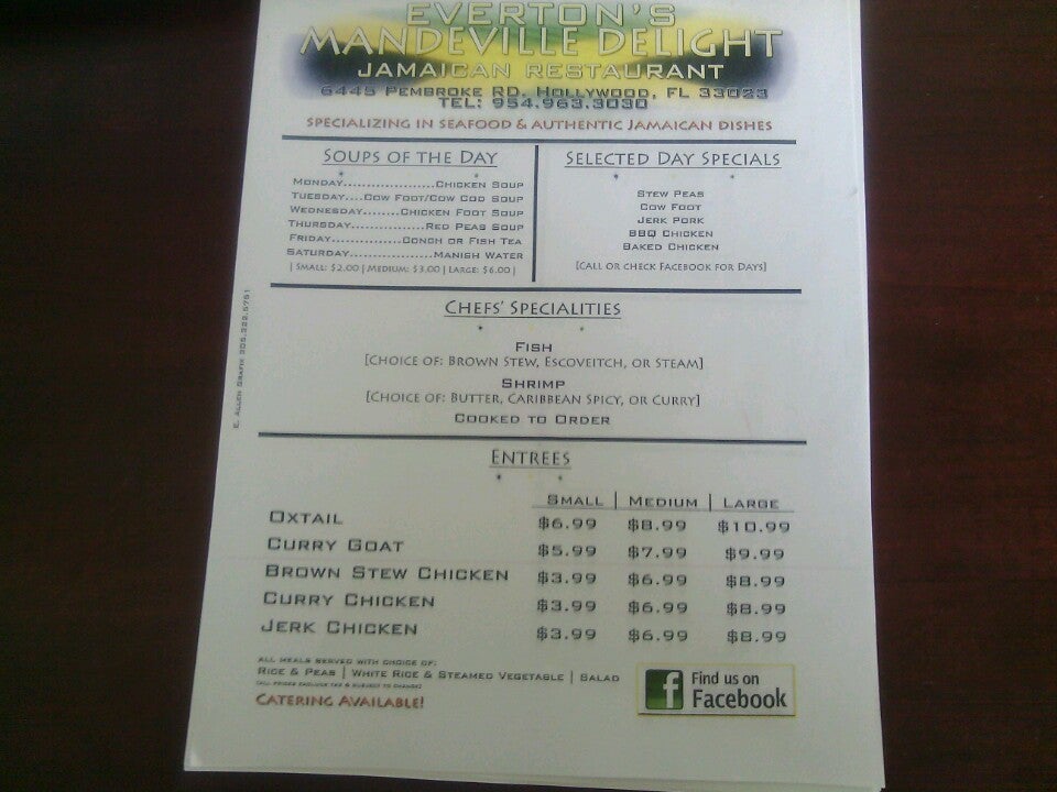 Evertons Jamaican Restaurant, 6445 Pembroke Rd, Pembroke Pines, FL