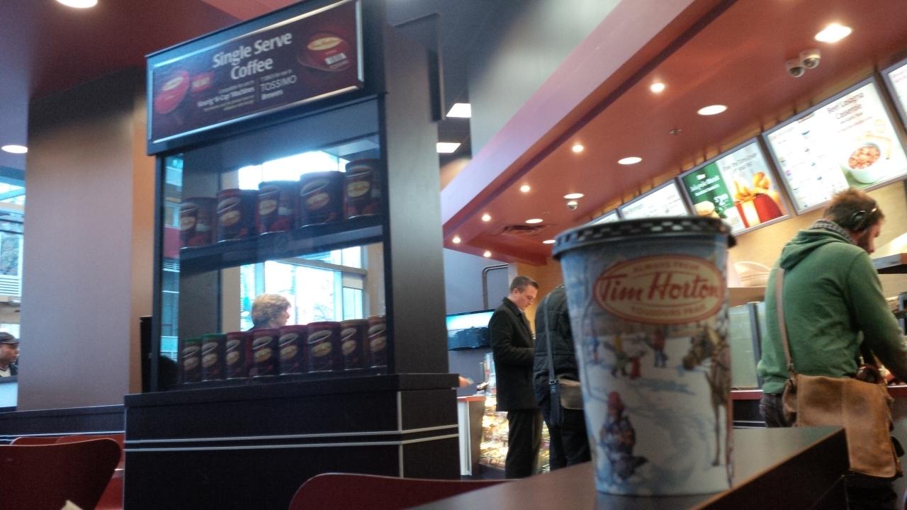 Menu at Tim Hortons cafe, Vancouver, 463 Robson St