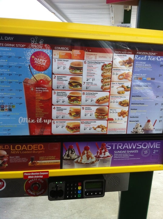 Menu at Sonic Drive-In fast food, Tacoma, Pacific Ave